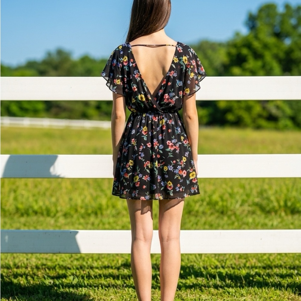 Lush Black Floral Mini Dress with Open Back - Picture 1 of 7